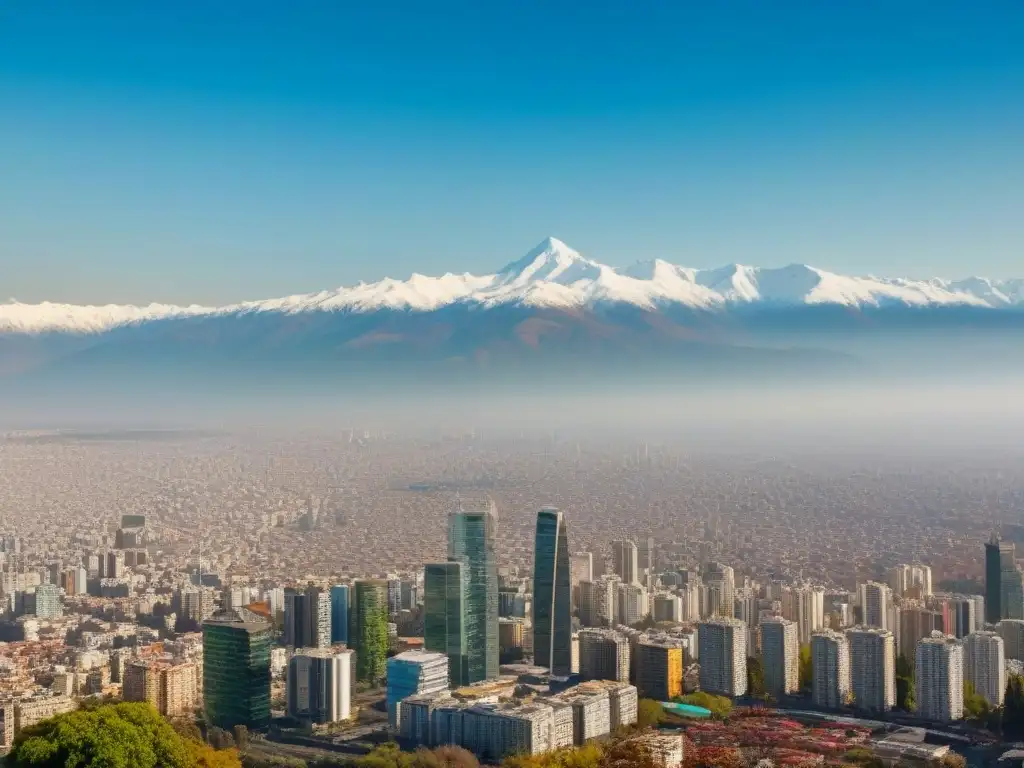 Horizonte de Santiago: Modernidad en los Andes Vista aérea de Santiago de Chile con rascacielos y la cordillera de los Andes, ideal para inversores en legislación inmobiliaria Chile