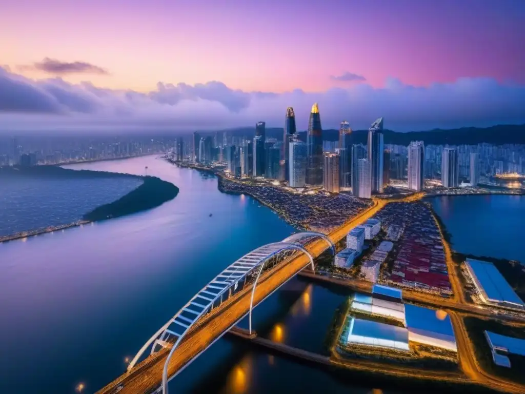 Panamá: vista aérea del skyline al anochecer Vista aérea de Panamá al anochecer, con rascacielos iluminados y el Puente de las Américas sobre el Canal, reflejando luces de la ciudad en el agua