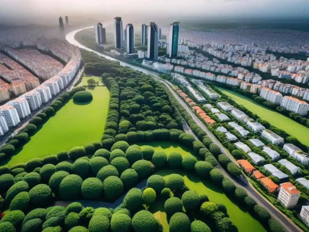 Uruguay: mercado inmobiliario en auge Vista aérea de rascacielos modernos en el centro de una ciudad bulliciosa en Uruguay, reflejando la inversión inmobiliaria en el país