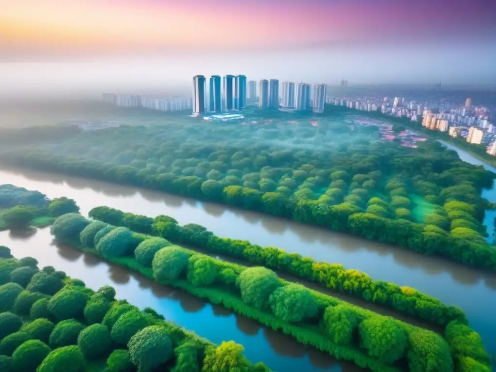 Skyline moderno de Asunción: oportunidades de inversión en Paraguay Vista aérea de Asunción, Paraguay, con rascacielos modernos rodeados de vegetación y el río Paraguay