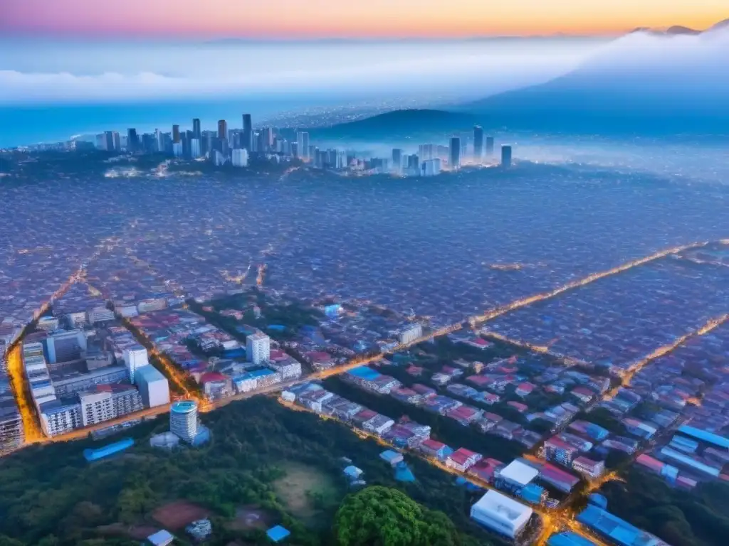 Skyline de San Salvador: crecimiento urbano vibrante Vista aérea de rascacielos modernos en San Salvador, mostrando el dinamismo urbano y las Oportunidades inmobiliarias en El Salvador