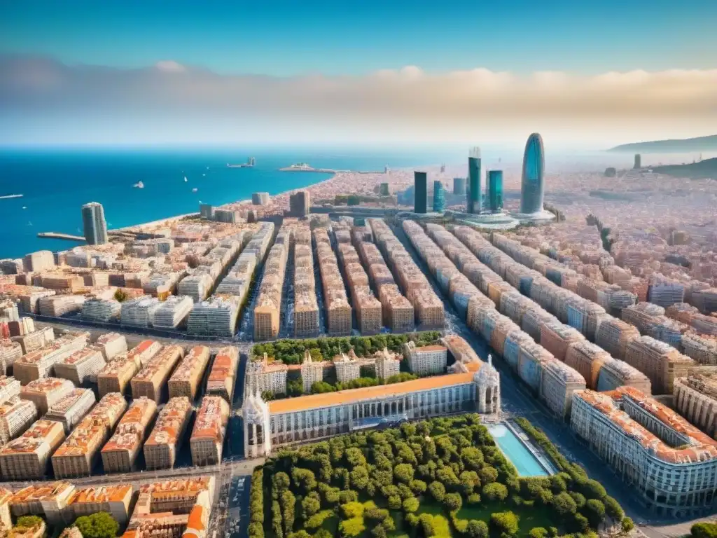 Barcelona: Metrópolis vibrante y diversa en 2023 Vista aérea de Barcelona, España, con rascacielos modernos y arquitectura histórica, calles llenas de vida y el Mar Mediterráneo al fondo