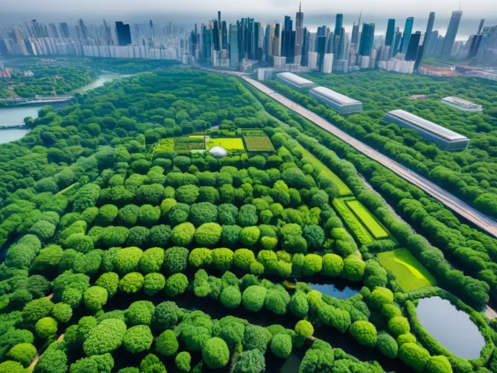 Ciudad sostenible: armonía entre naturaleza y modernidad Una vista aérea de alta resolución que muestra la integración armoniosa de áreas urbanas con parques verdes y elementos de infraestructura verde