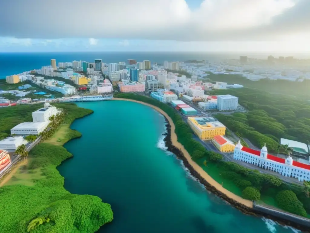 Vibrante skyline de San Juan, Puerto Rico: tradición y modernidad Vista aérea de San Juan, Puerto Rico con edificios coloridos, vegetación exuberante y el mar azul