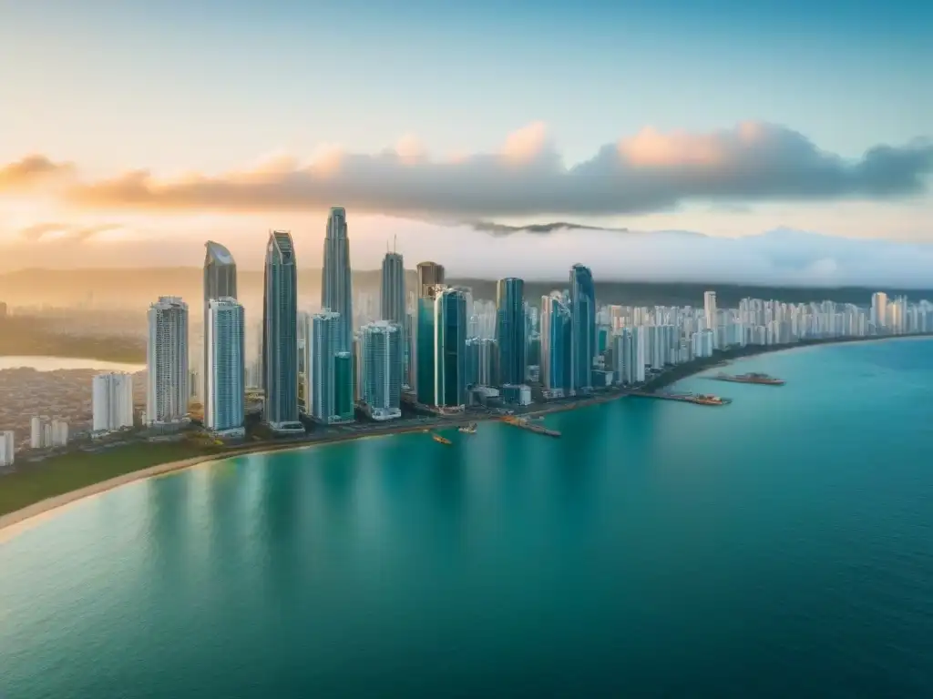 Espectacular skyline de Panamá con vista al Pacífico al atardecer 'Vista aérea del skyline de la Ciudad de Panamá al atardecer sobre el Pacífico, resaltando la inversión inmobiliaria en Panamá'