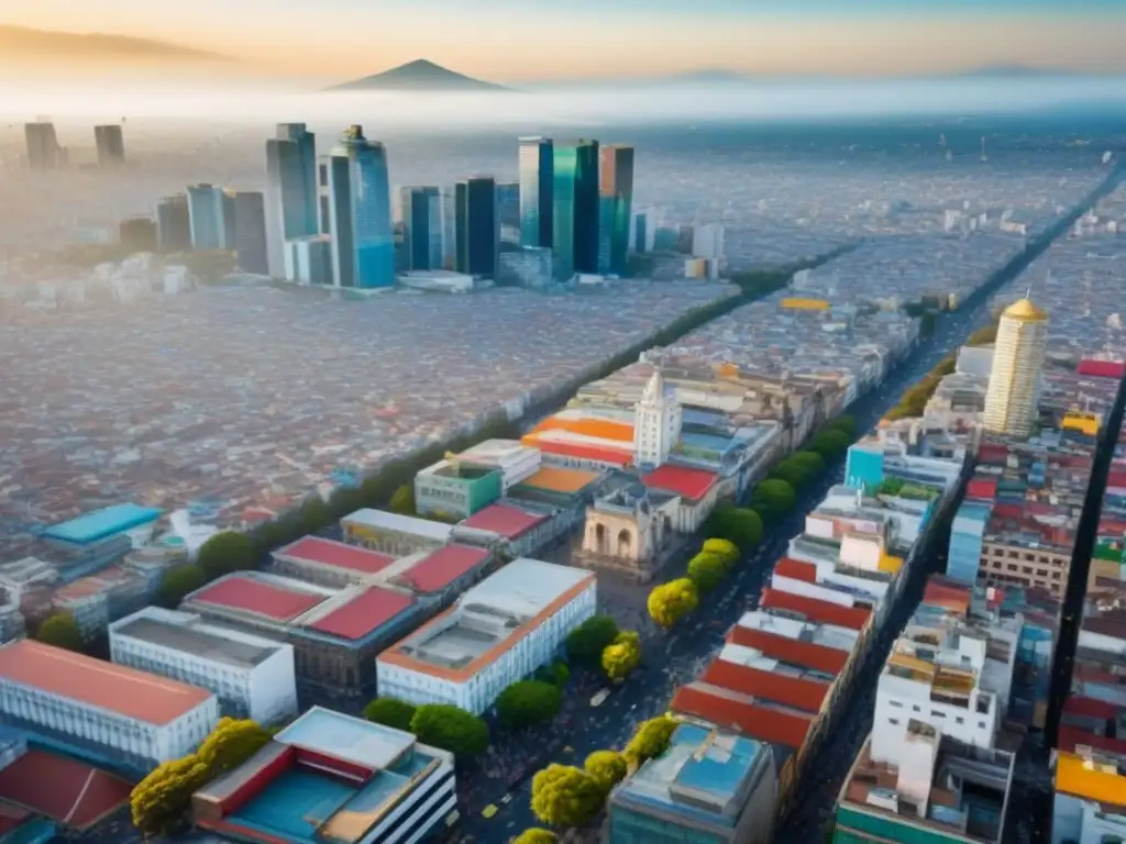 Contraste urbano: México City, tradición y modernidad en real estate Vista aérea de México: modernidad y tradición se fusionan en su paisaje urbano, reflejando las normativas locales para invertir en bienes raíces