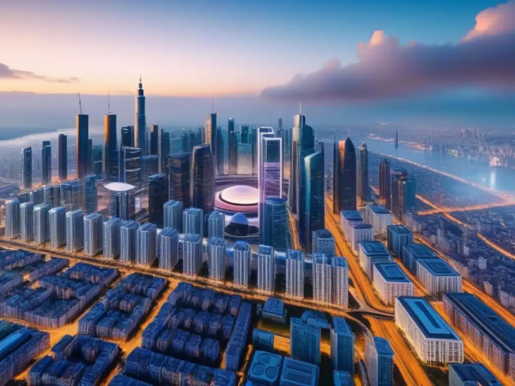 Metrópolis futurista con blockchain integrado: transparencia inmobiliaria Vista aérea ultradetallada de una ciudad futurista con redes blockchain integradas
