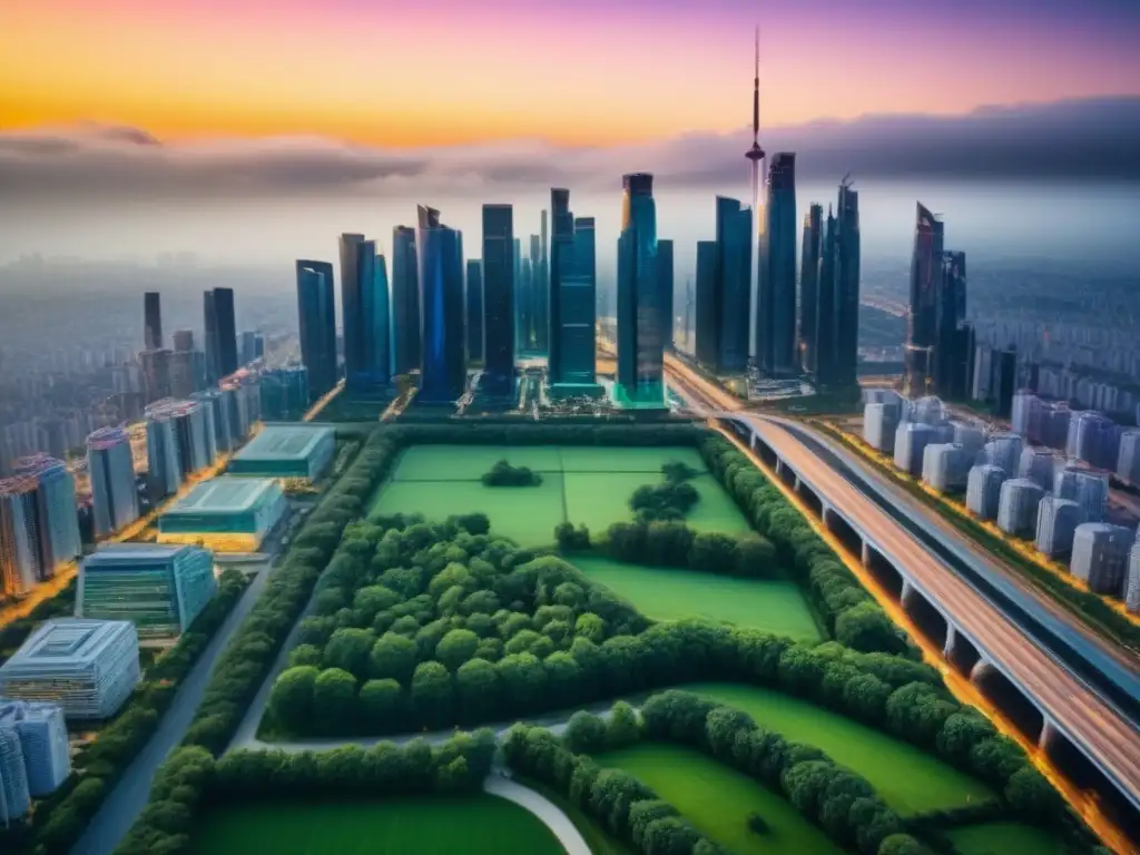 Visión aérea de metrópolis futurista influenciada por decisiones bancarias Una vista aérea ultradetallada de una ciudad futurista con rascacielos elegantes, espacios verdes e infraestructura avanzada, simbolizando un mercado inmobiliario moderno y próspero influenciado por decisiones del banco central