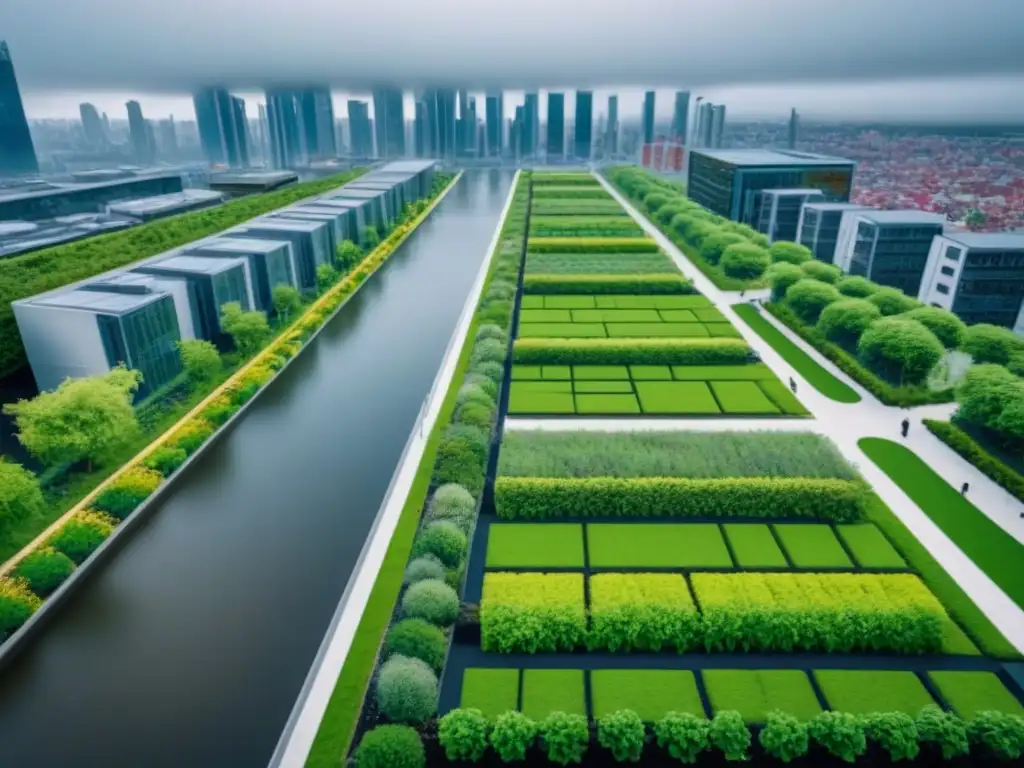 Visión urbana sostenible: soluciones verdes en la ciudad Vista aérea ultramoderna detallada en 8k de una ciudad con soluciones verdes innovadoras para combatir erosión en infraestructuras inmobiliarias