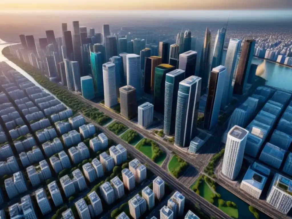 Vista aérea 8k de ciudad vibrante: rascacielos, calles y parques Vista aérea ultrarrealista de una ciudad bulliciosa, reflejando la secu