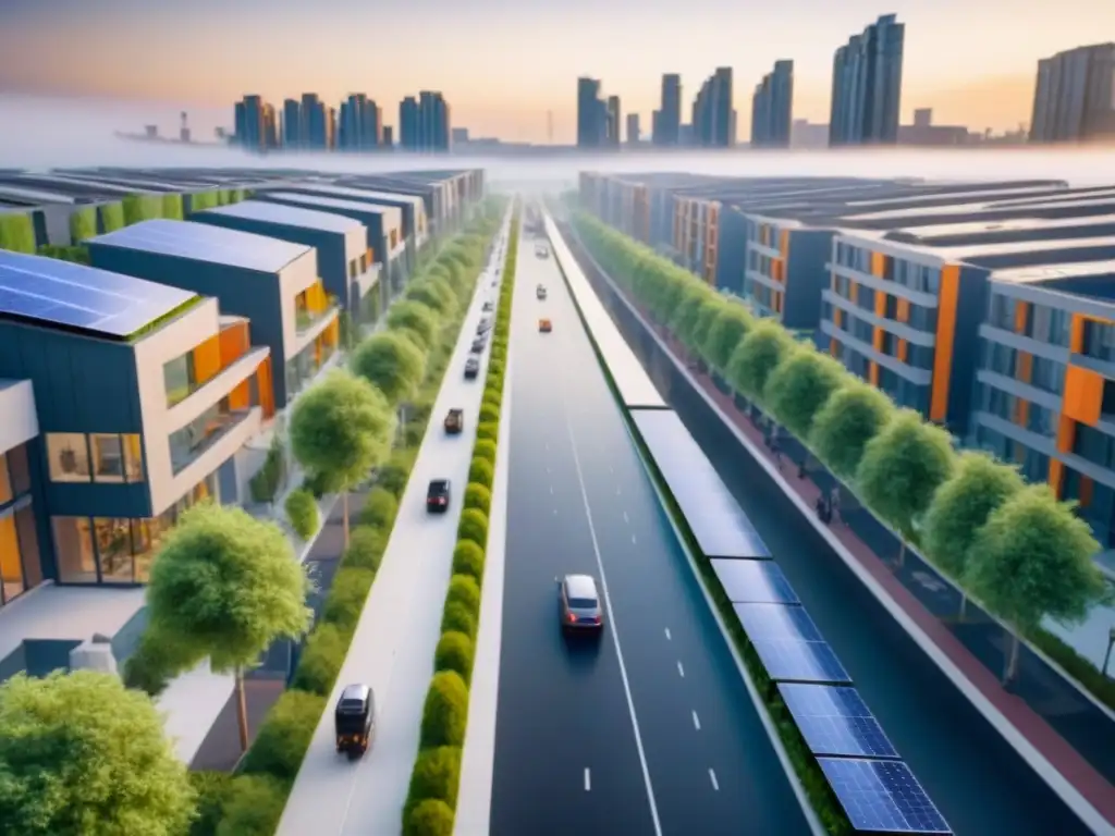 Urbanismo sostenible: comunidad ecofriendly en armonía con la naturaleza Vista aérea de una urbanización sostenible con paneles solares, espacios verdes y ciclovías