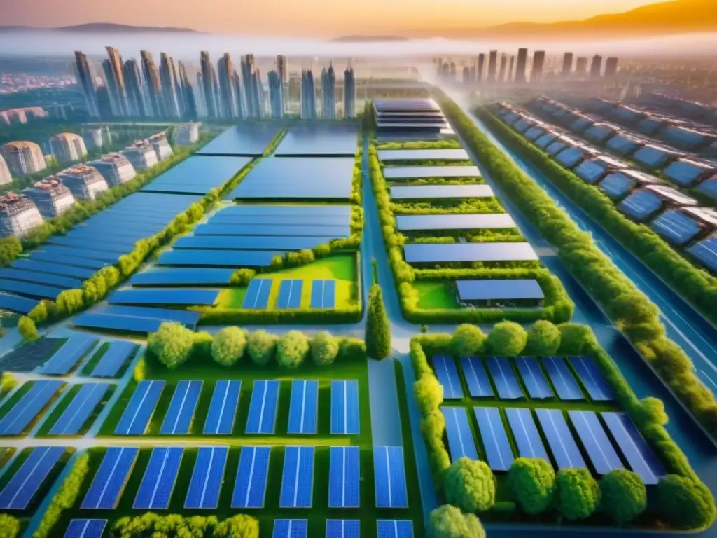 Desarrollo urbano sostenible: visión futurista y verde Vista aérea de una urbanización sostenible futurista con espacios verdes y paneles solares en los techos