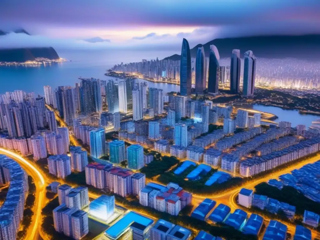 Horizonte futurista: modernidad y tecnología en ciudad sudamericana Vista aérea de vanguardia en ciudad sudamericana, fusionando tecnología en mercado inmobiliario Sudamérica