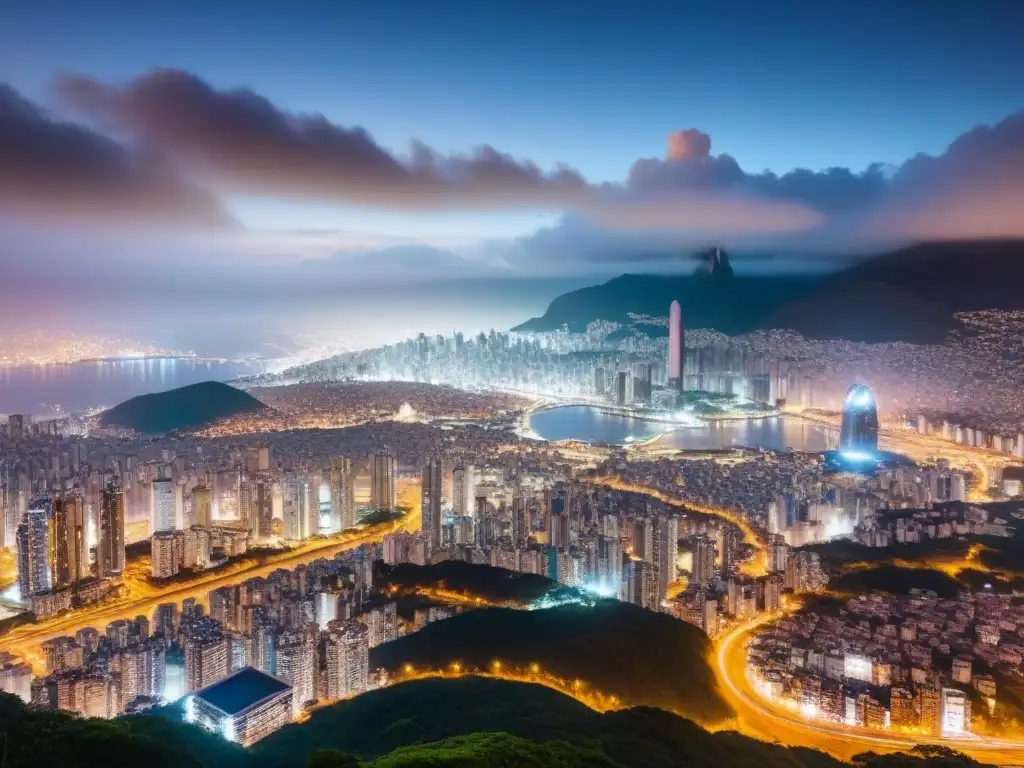 Horizonte urbano de Sudamérica: modernidad y oportunidad Vista aérea de la vibrante ciudad Sudamericana con modernos rascacielos iluminados