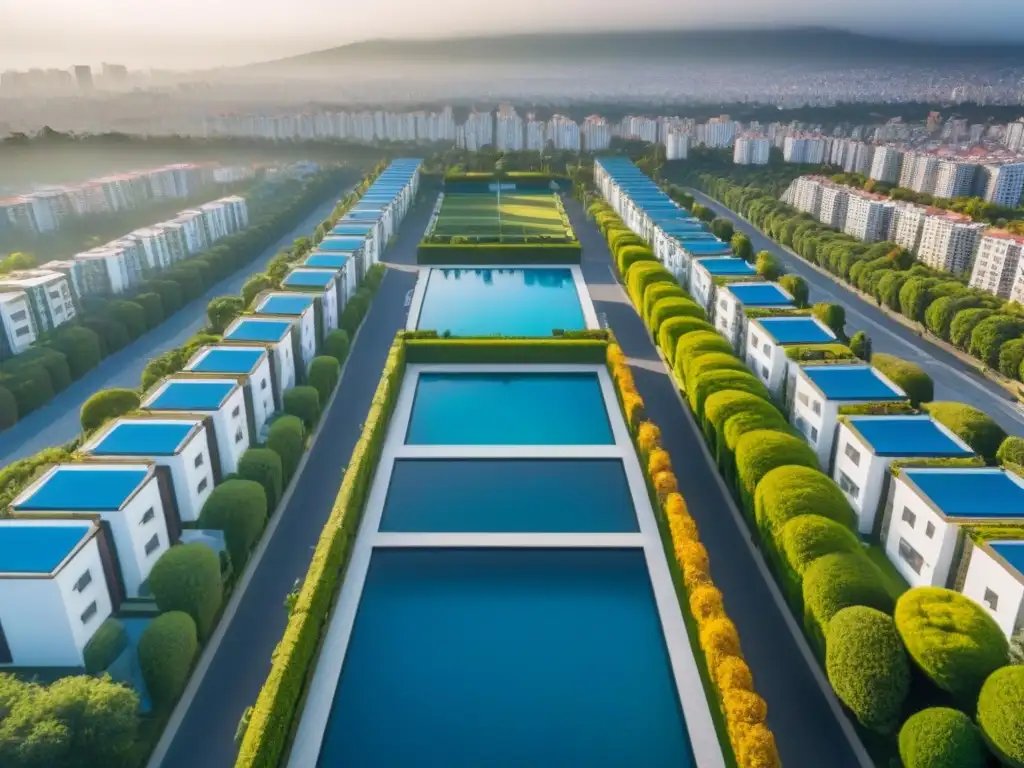 Residencial de lujo en CDMX: A vista de pájaro Vista aérea de zona residencial moderna en CDMX con rascacielos y casas lujosas entre parques verdes y calles arboladas