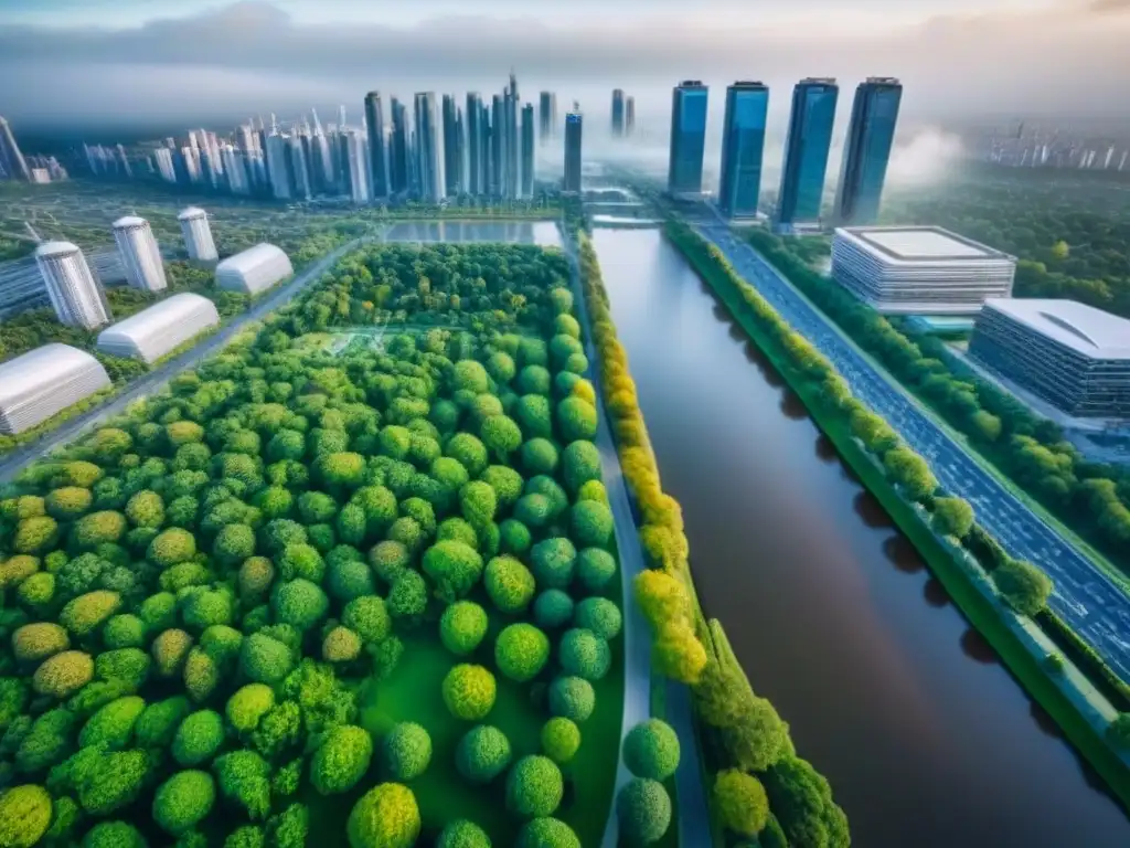 Armonía urbana: desarrollo sostenible y naturaleza en la ciudad Vista aérea de una zona urbana bulliciosa con rascacielos modernos y espacios verdes, destacando la importancia ética en desarrollo urbano