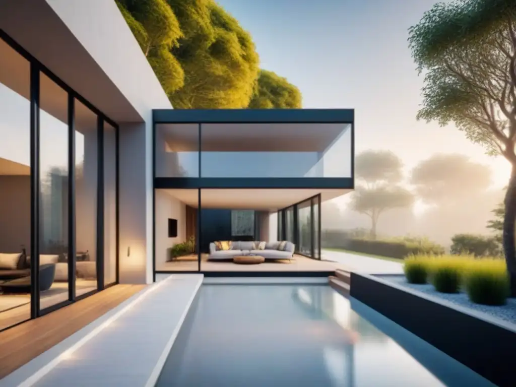 Diseño residencial contemporáneo en construcción con detalles innovadores Vista arquitectónica de vanguardia de una moderna propiedad en construcción, con detalles transparentes y jardín paisajístico