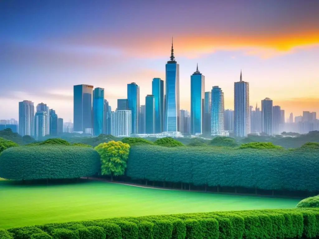 Horizonte urbano al atardecer: naturaleza y modernidad Vista de la ciudad al atardecer, con rascacielos iluminados y un parque sereno, ideal para estrategias inversión bienes raíces pasivas