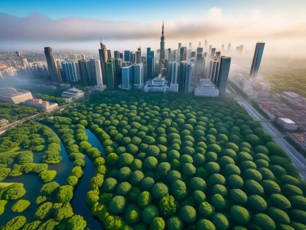 Metrópolis sostenible: arquitectura diversa entre naturaleza Vista de una ciudad bulliciosa con edificios históricos y modernos, rodeada de vegetación y con infraestructura sostenible