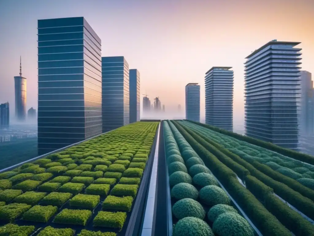 Horizonte urbano futurista: inversión inmobiliaria sostenible Vista de la ciudad futurista al atardecer con rascacielos sostenibles y áreas verdes, ejemplificando estrategias de inversión inmobiliaria sostenibles