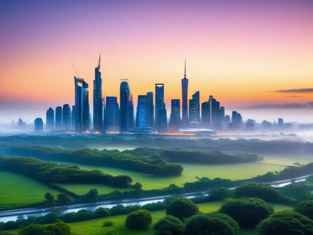 Horizonte futurista: tecnología y REITs transforman la ciudad Vista de una ciudad futurista con edificios de alta tecnología integrados con espacios verdes, iluminada por la puesta de sol