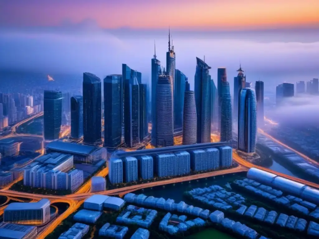 Metrópolis futurista: skyline vibrante al atardecer Vista de la ciudad futurista al anochecer con rascacielos modernos y calles bulliciosas, reflejando el desarrollo urbano grandes ciudades