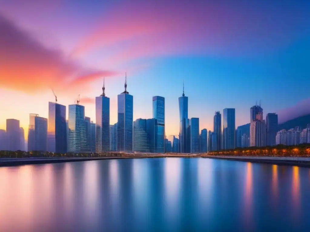 Horizonte urbano al atardecer: oportunidades de inversión inmobiliaria Vista de la ciudad moderna al atardecer con rascacielos y cielo colorido, representando oportunidades de inversión inmobiliaria