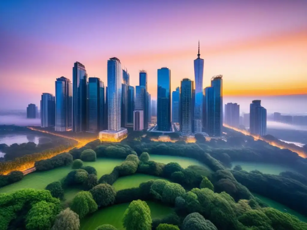 Horizonte urbano al atardecer: inversiones inmobiliarias Vista de ciudad moderna al atardecer con rascacielos de vidrio reflejando colores cálidos del sol, rodeada de parques verdes y calles concurridas