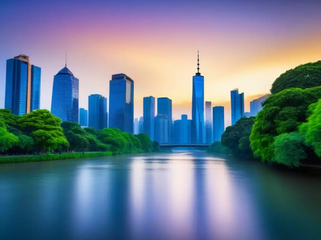 Horizonte urbano al atardecer: prosperidad y tranquilidad en bienes raíces Vista de la ciudad moderna al atardecer, rascacielos altos reflejando la luz dorada, rodeados de vegetación exuberante y río sereno