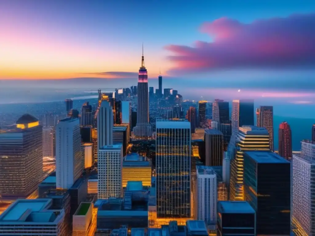 Horizonte urbano al atardecer: lujo y prosperidad Vista de una ciudad moderna al atardecer, con rascacielos y un cielo colorido
