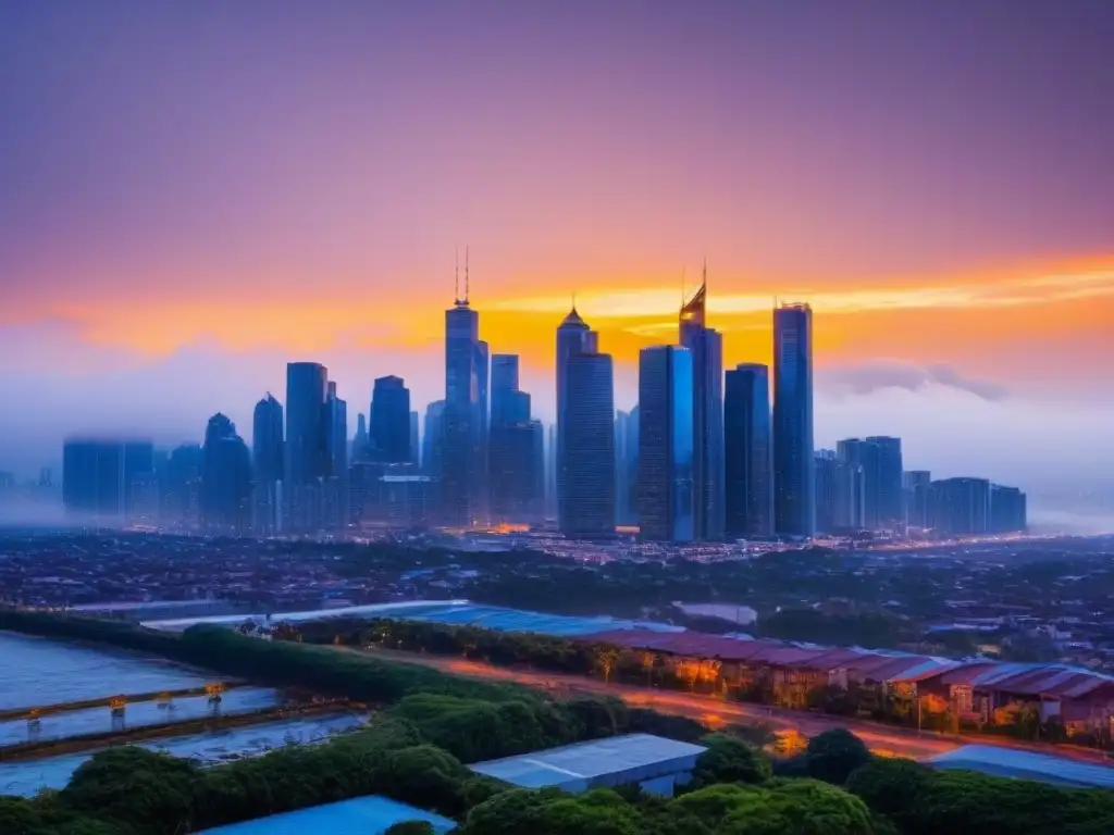Horizonte urbano al atardecer con agencia de seguros destacada Vista de ciudad moderna al anochecer con edificios altos iluminados por el sol