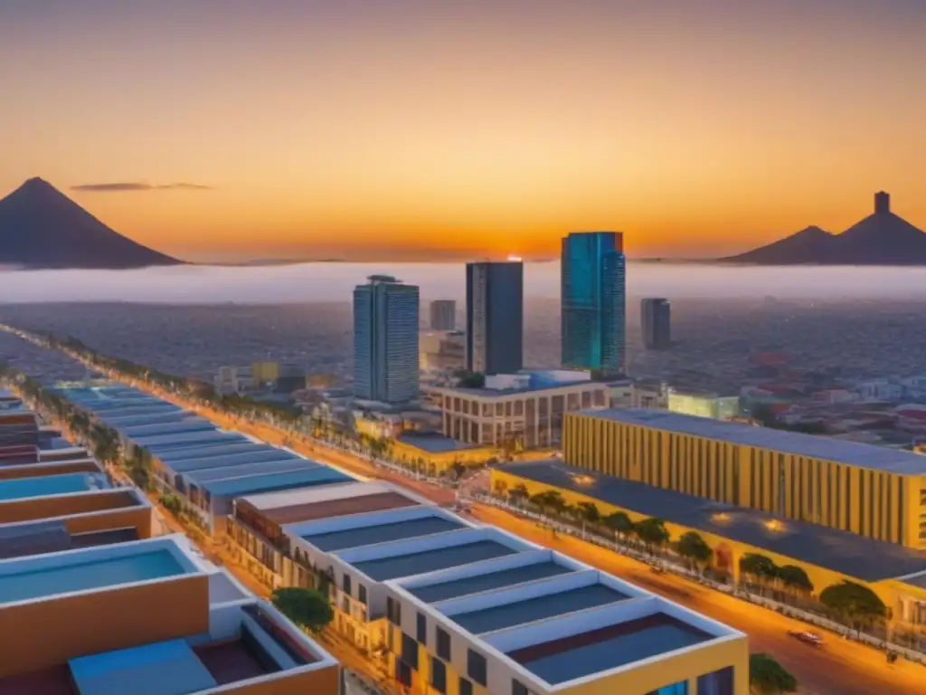 Horizonte urbano de México: fusión arquitectónica y progreso Vista de una ciudad moderna al amanecer, reflejando el impacto de cambios políticos en el mercado inmobiliario de México