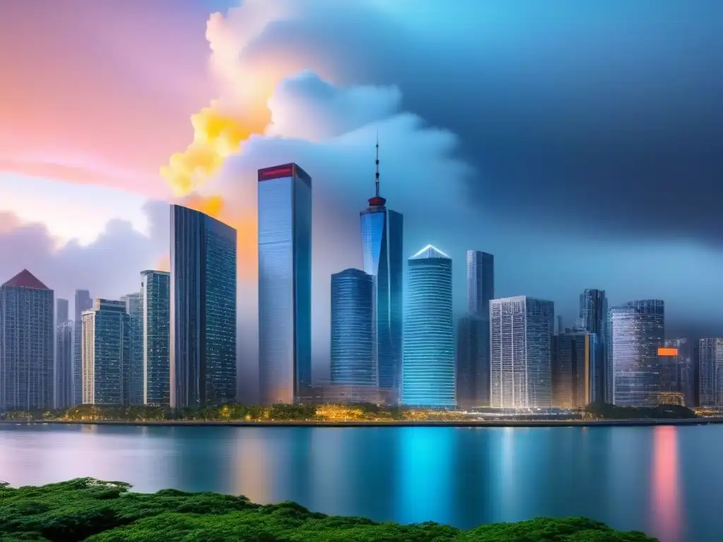 Metrópolis financiera: gráficos y rascacielos en 8k Vista de ciudad moderna con rascacielos, gráficos financieros y residencias: impacto política monetaria inversiones inmobiliarias