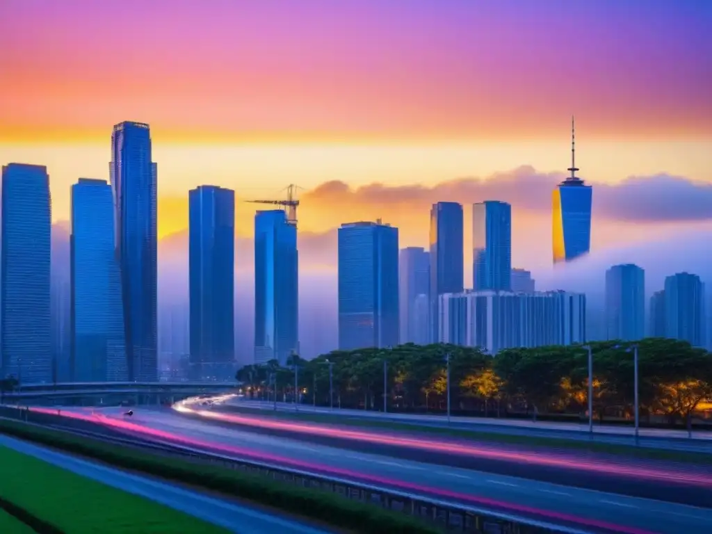Skyline urbano al atardecer: crecimiento y actividad económica en la ciudad Vista de la ciudad moderna al anochecer, con rascacielos iluminados sobre un cielo colorido al atardecer