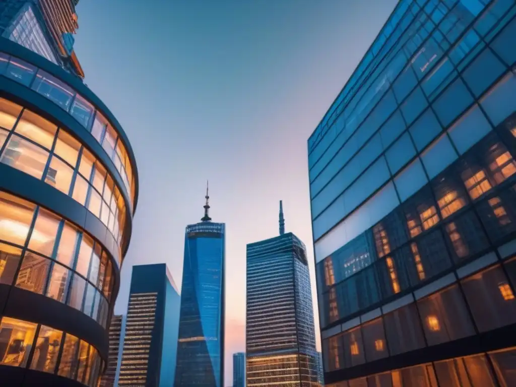 Skyline moderno: impacto de regulaciones sobre mercado inmobiliario Vista de la ciudad moderna con rascacielos, calles llenas de profesionales y agencia inmobiliaria de lujo