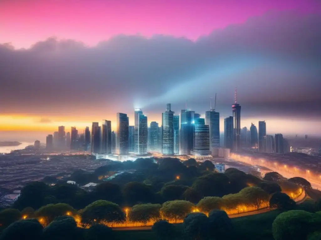 Skyline urbano moderno al atardecer: inversión inmobiliaria global Vista de la ciudad moderna al anochecer con rascacielos iluminados, simbolizando inversiones inmobiliarias internacionales políticas gubernamentales