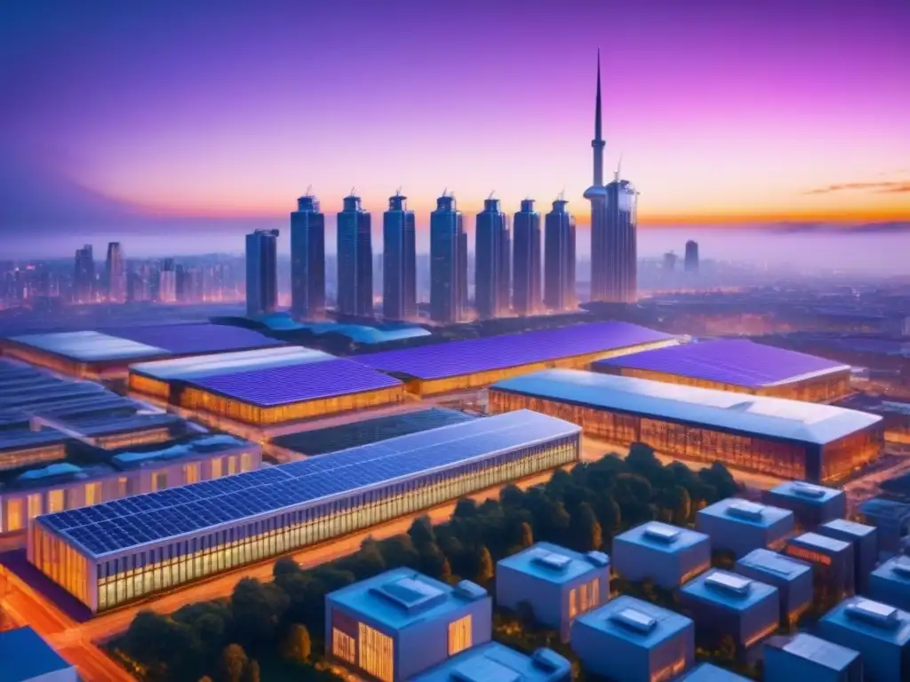 Horizonte sostenible: ciudad moderna con energía verde al atardecer Vista de ciudad moderna sustentable al atardecer con planificación comunidades sustentables