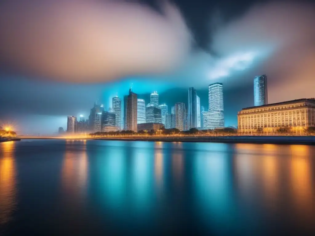 Horizonte urbano moderno: transparencia en transacciones inmobiliarias Vista de la ciudad al anochecer con rascacielos iluminados y reflejados en un río, simbolizando transparencia en transacciones inmobiliarias bajo regulaciones antilavado