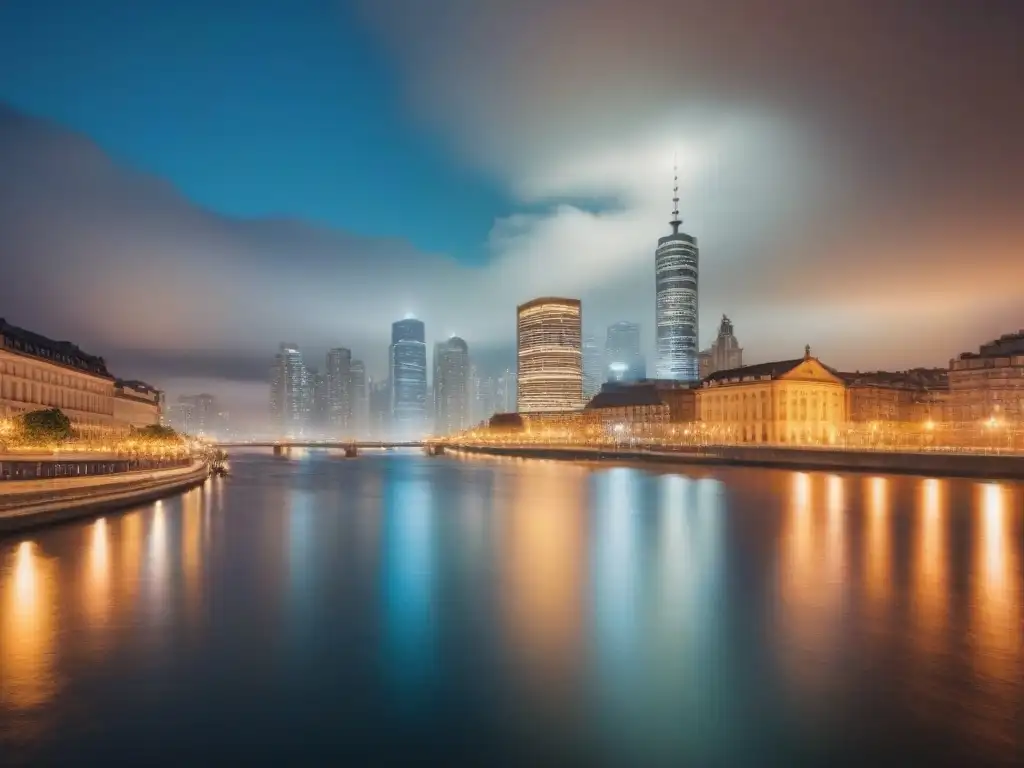 Impresionante skyline urbano iluminado al anochecer Vista de la ciudad al anochecer con rascacielos iluminados y río tranquilo