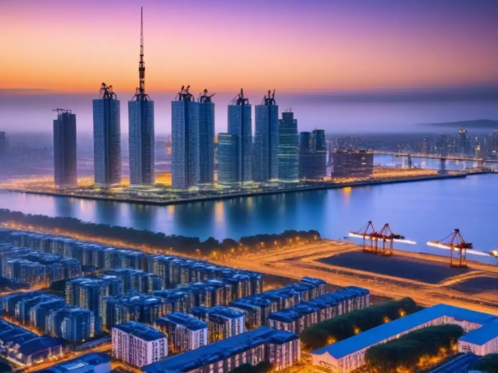 Horizonte urbano moderno al atardecer con grúas de construcción Vista de la ciudad al anochecer con rascacielos modernos iluminados y grúas de construcción, reflejando la luz del atardecer
