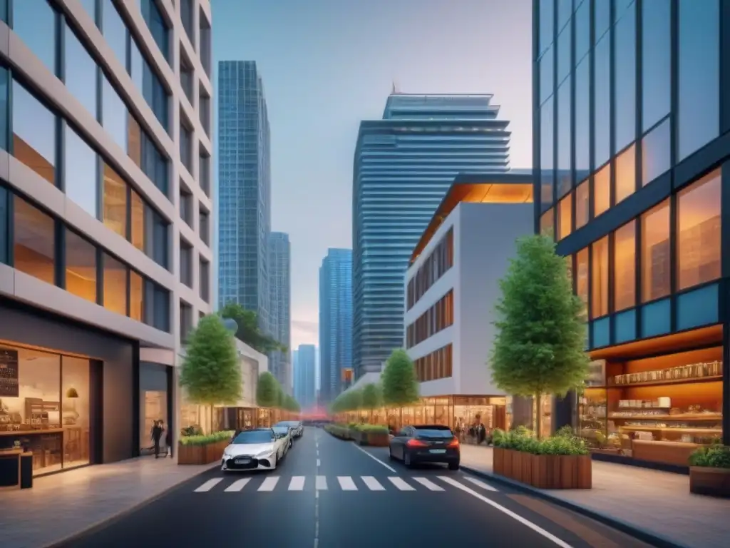 Vida urbana moderna: nichos de mercado en la ciudad Vista 8k de ciudad con negocios nicho: cafetería, yoga, tienda de plantas y coworking