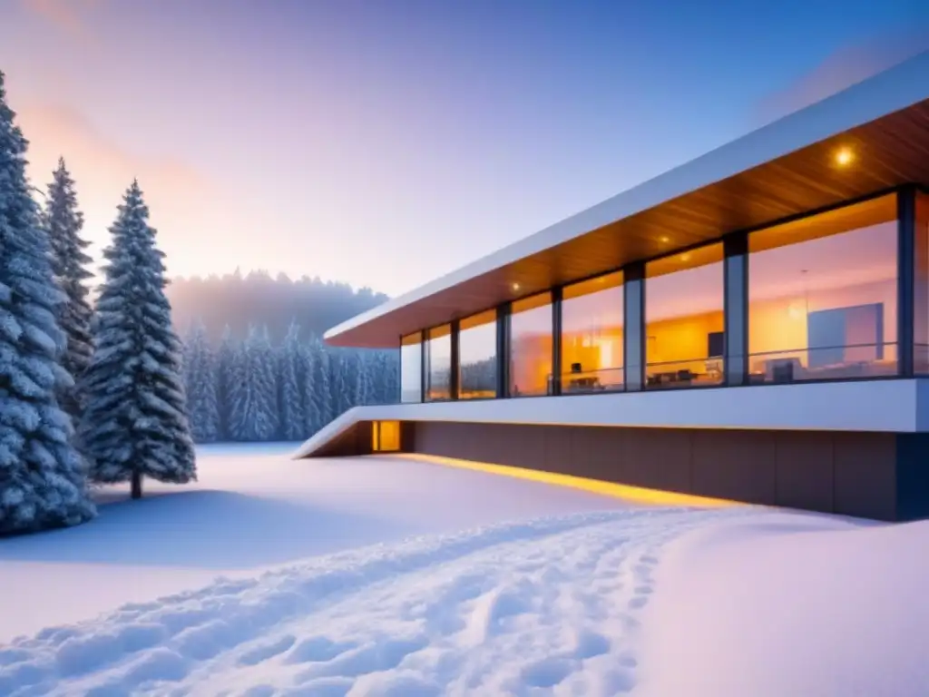 Edificio sostenible en paisaje nevado: diseño innovador y ecoamigable Vista de una construcción en climas fríos sustentable integrada en un paisaje nevado, con diseño arquitectónico innovador y elementos ecoamigables