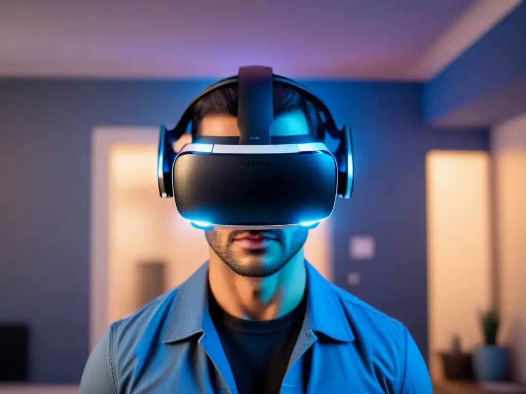 Realidad Virtual Futurista en Smart Home: Detalles en 8k Vista detallada de auriculares de realidad virtual futurista sobre plano digital de casa inteligente con patrones de circuitos y algoritmos de IA