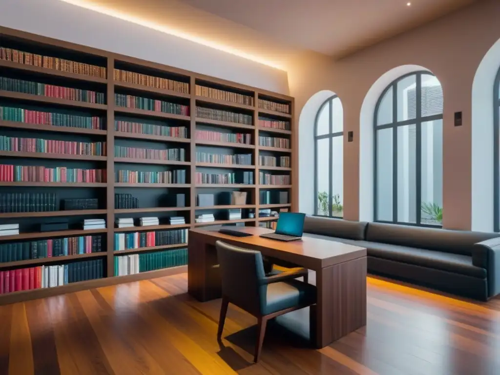 Moderna biblioteca legal mexicana con tecnología de vanguardia Vista detallada de biblioteca legal mexicana moderna con tecnología actualizada y legislación inmobiliaria México actualizada