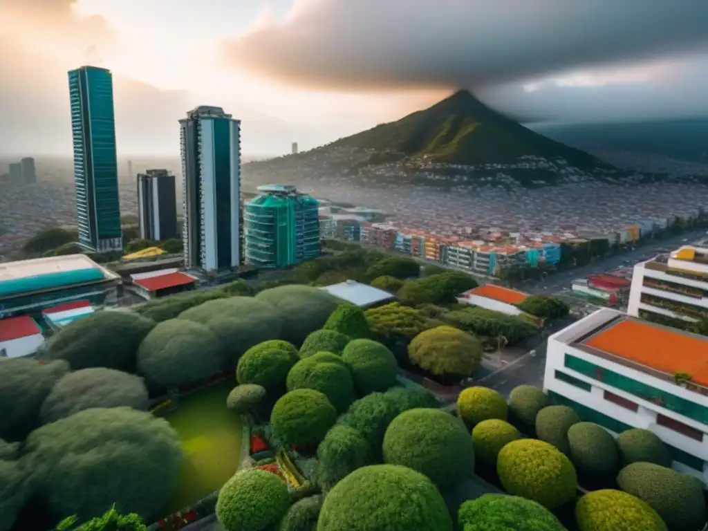 Horizonte urbano de México: diversidad arquitectónica y vida vibrante Vista detallada de una bulliciosa ciudad mexicana con rascacielos, condominios modernos y vegetación exuberante
