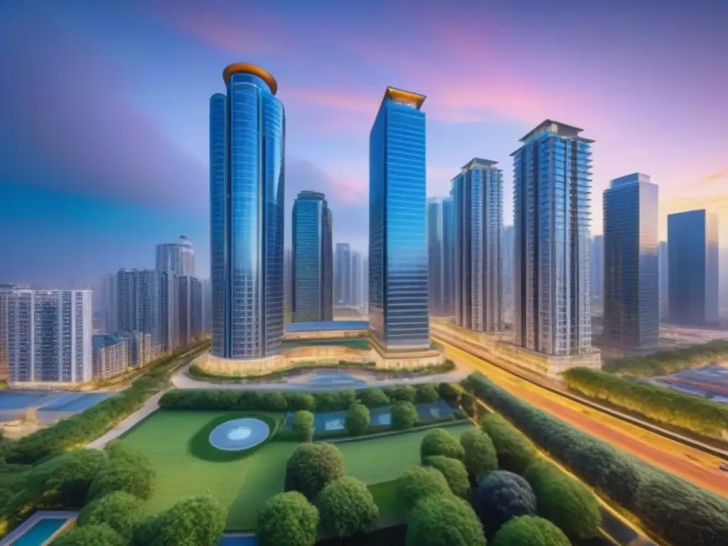 Portafolio diversificado: Inversiones inmobiliarias detalladas y modernas Vista detallada de una cartera diversa de inversiones inmobiliarias, con rascacielos, edificios residenciales y centros comerciales