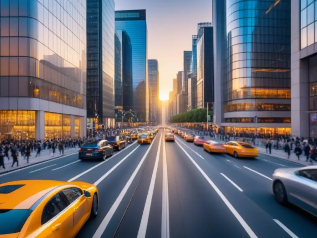 Cityscape moderno al atardecer: vibrante y detallado Vista detallada de una ciudad al atardecer, con rascacielos modernos y calles llenas de gente, reflejando la energía urbana