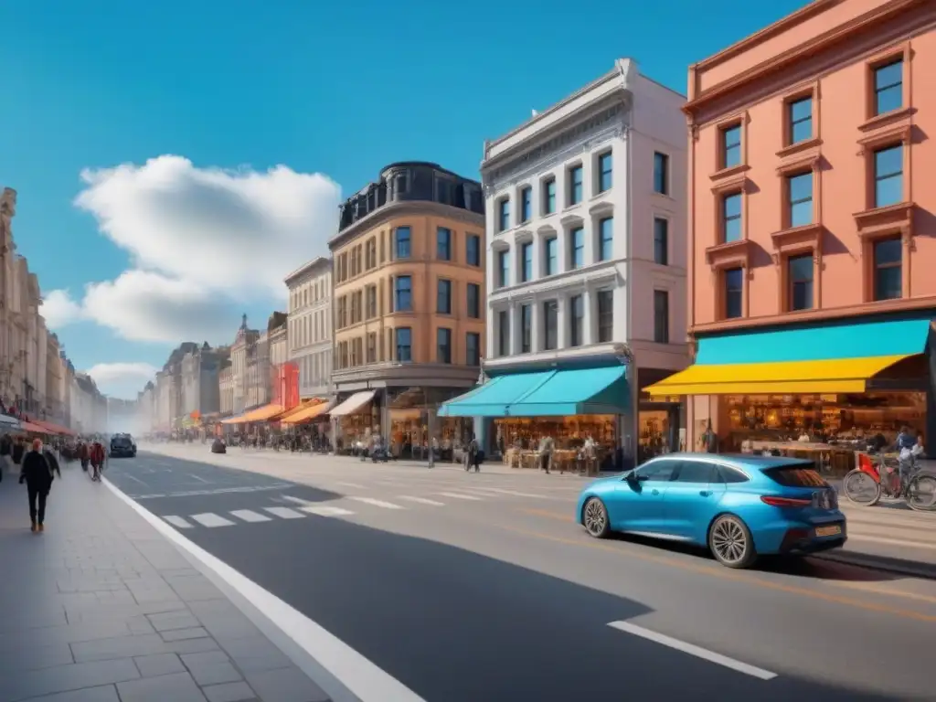 Cityscape vibrante: arquitectura moderna y revitalización urbana Vista detallada de una ciudad bulliciosa con arquitectura moderna y edificios históricos, simbolizando la revitalización urbana con subvenciones regionales para restauración inmobiliaria