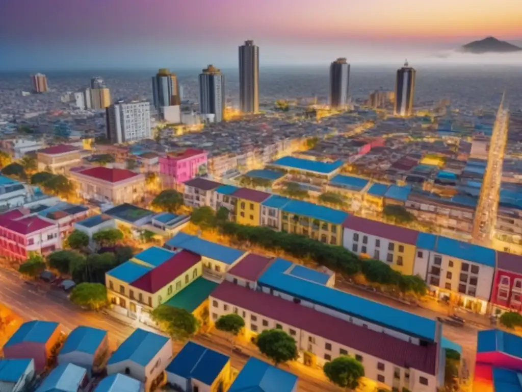 Contrastes urbanos en México: de rascacielos a vecindarios coloridos Vista detallada de una ciudad en México con zonificación contrastante, desde distritos comerciales vibrantes hasta barrios residenciales serenos