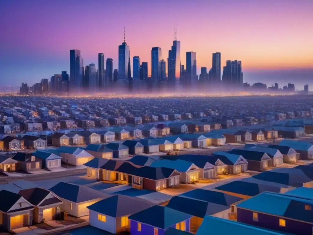 Metrópolis en crisis: luces y sombras en un mercado inmobiliario volátil Vista detallada de ciudad en crisis financiera con oportunidades de inversión inmobiliaria
